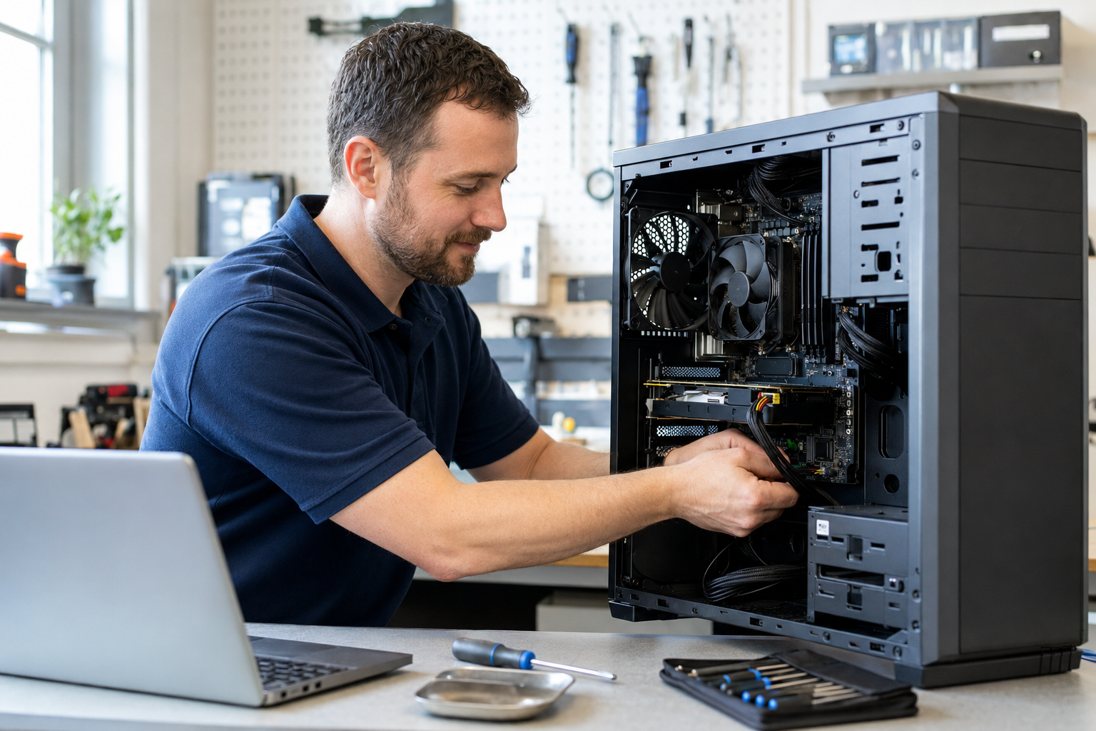 A computer technician carefully repairing a desktop computer in an organized workshop
